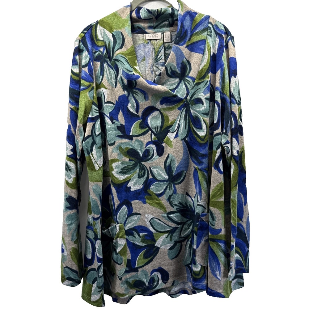 LOGO Lori Goldstein Womens Top Large Artsy Blue Green Floral Long Sleeve Pockets